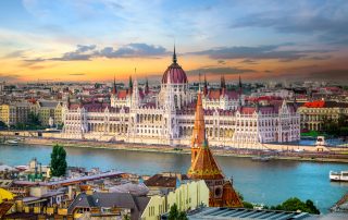 Bright sunset over famous landmarks in Budapest