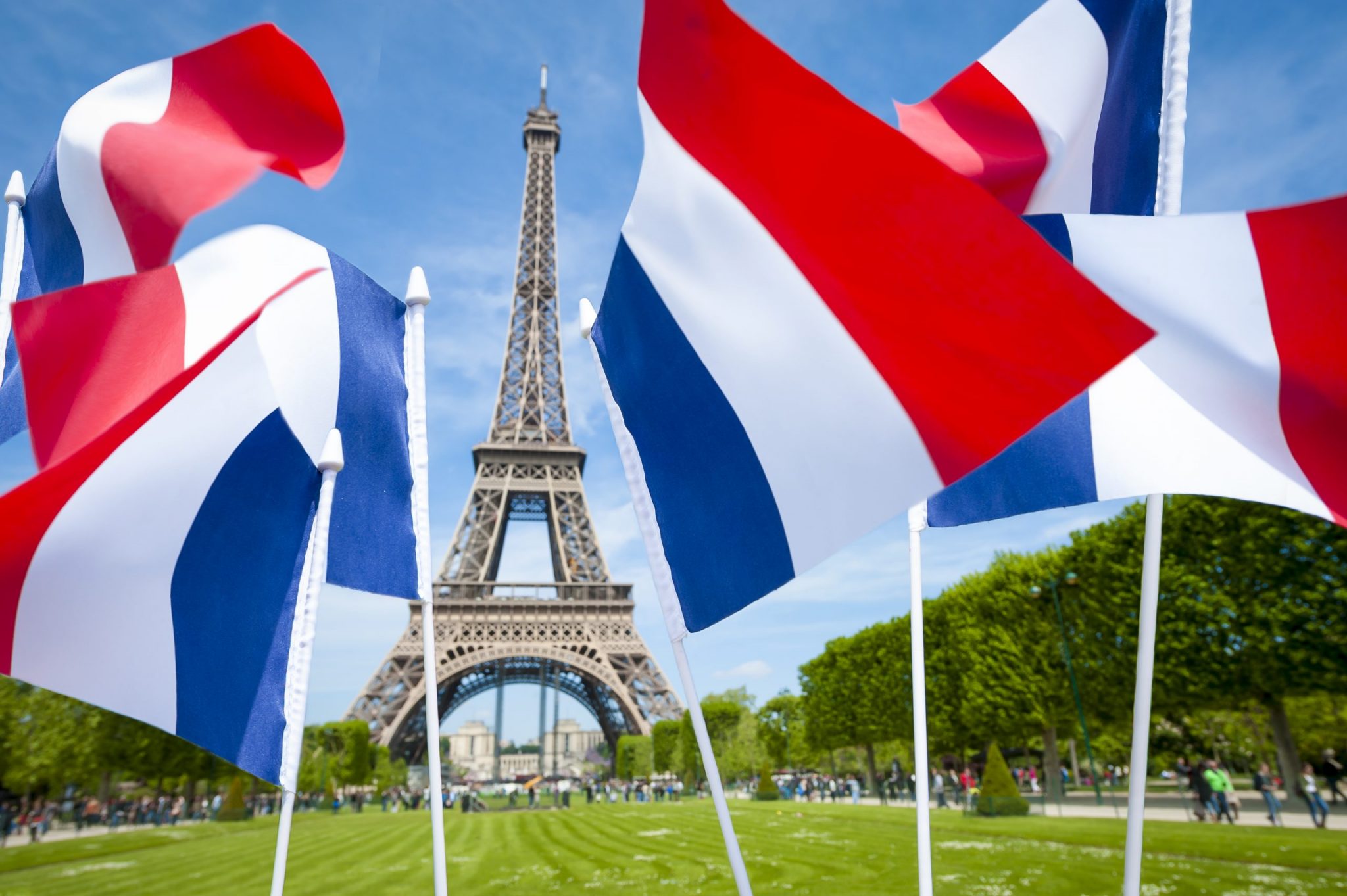 Tricolour French flags flying in front of a bright spring view of the Eiffel Tower in Paris, France