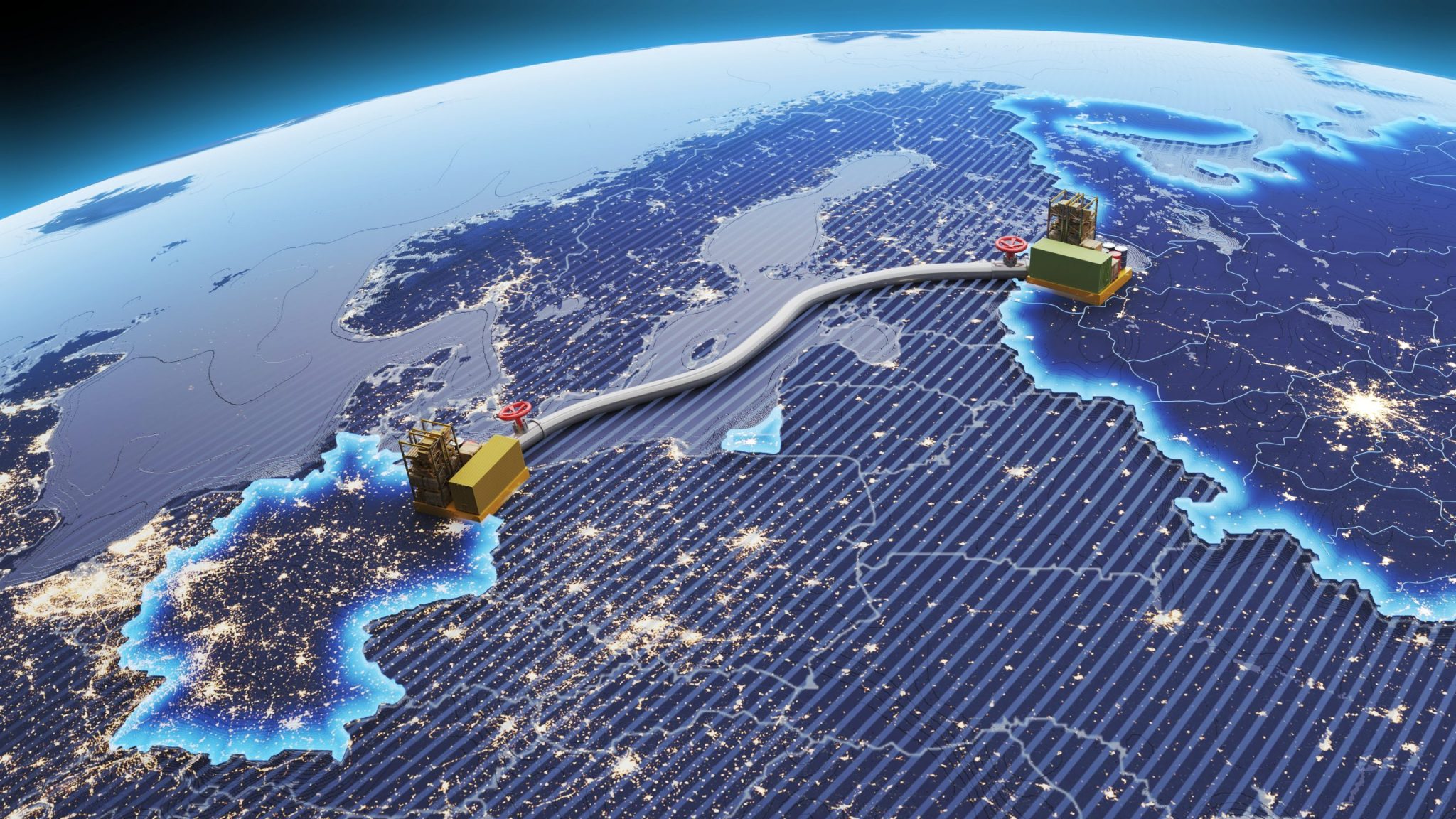 3D render of the construction of the gas pipe Nord Stream 2. The concept of sanctions and economic war, an anvil falling on a gas pipe.