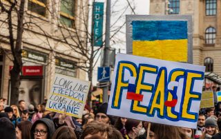 PRAGUE, CZECH REPUBLIC - FEBRUARY 27, 2022: Protest against Russian invasion of Ukraine on the Wenceslas Square in Prague, Czech Republic.