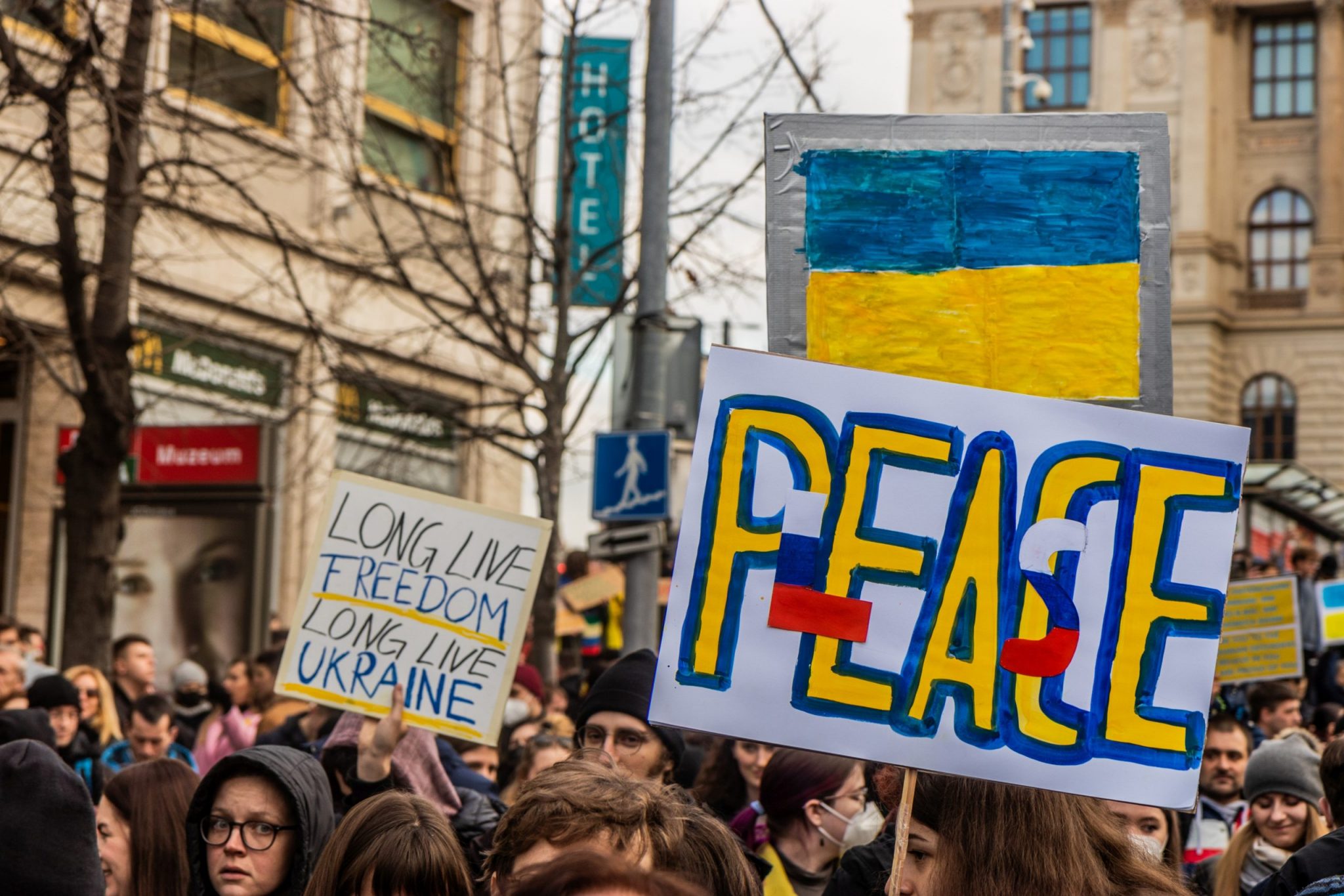 PRAGUE, CZECH REPUBLIC - FEBRUARY 27, 2022: Protest against Russian invasion of Ukraine on the Wenceslas Square in Prague, Czech Republic.