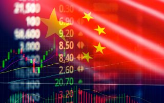 China stock market / Shanghai stock exchange analysis forex indicator trading graph chart business growth finance money crisis economy and Trade war with China flag