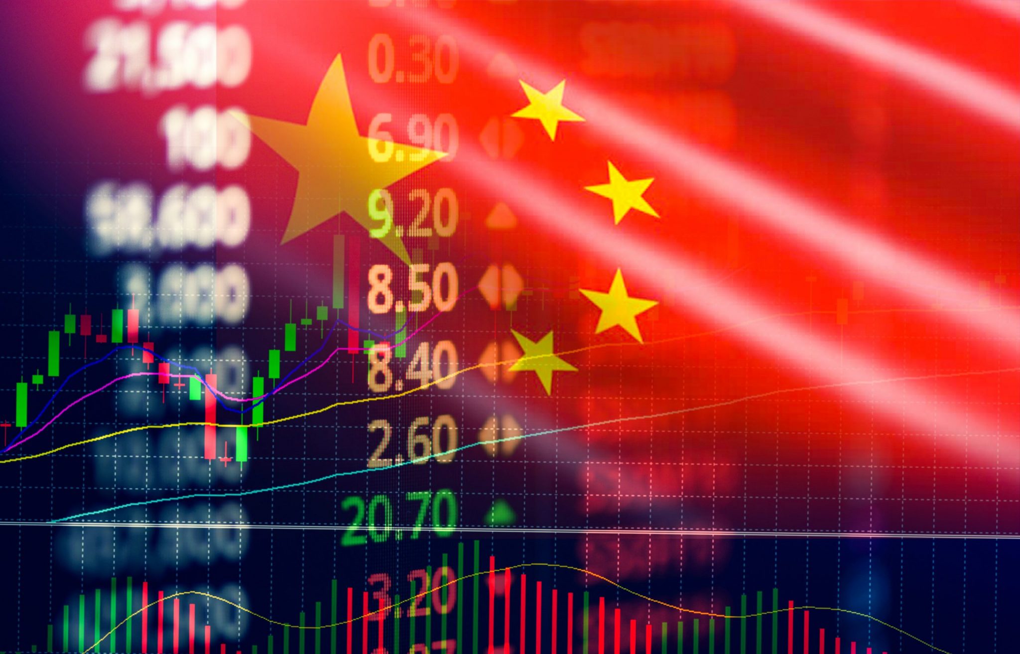 China stock market / Shanghai stock exchange analysis forex indicator trading graph chart business growth finance money crisis economy and Trade war with China flag