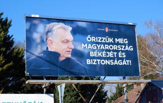 Budapest, Hungary - March 24, 2022: "Let's preserve the peace and security of Hungary!" fidesz parliamentary election campaign poster with picture of Prime Minister Viktor Orban