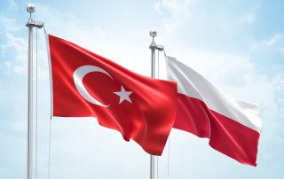 3D Rendering of Turkey & Poland Flags are Waving in the Sky