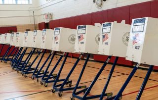 New York, NY - August 23, 2022: Voting booths seen at polling station during Democratic primaries at a school
